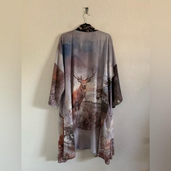 Aratta Silent Journey Bohemian Deer Graphic, Print, Long Kimono Duster XS - Picture 2 of 12